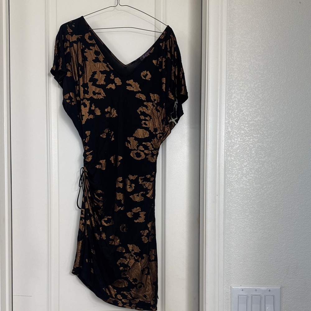 Hale Bob Elegant Black and Brown FloralRuched Dress  metallic for holidays